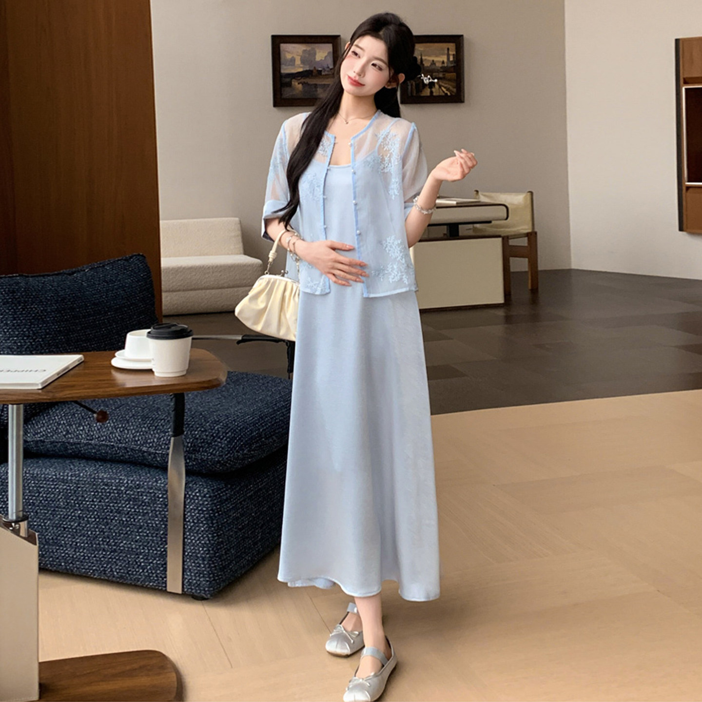孕妇装吊带连衣裙蕾丝上衣套装缎面亲肤优雅时尚新中式春夏两件套