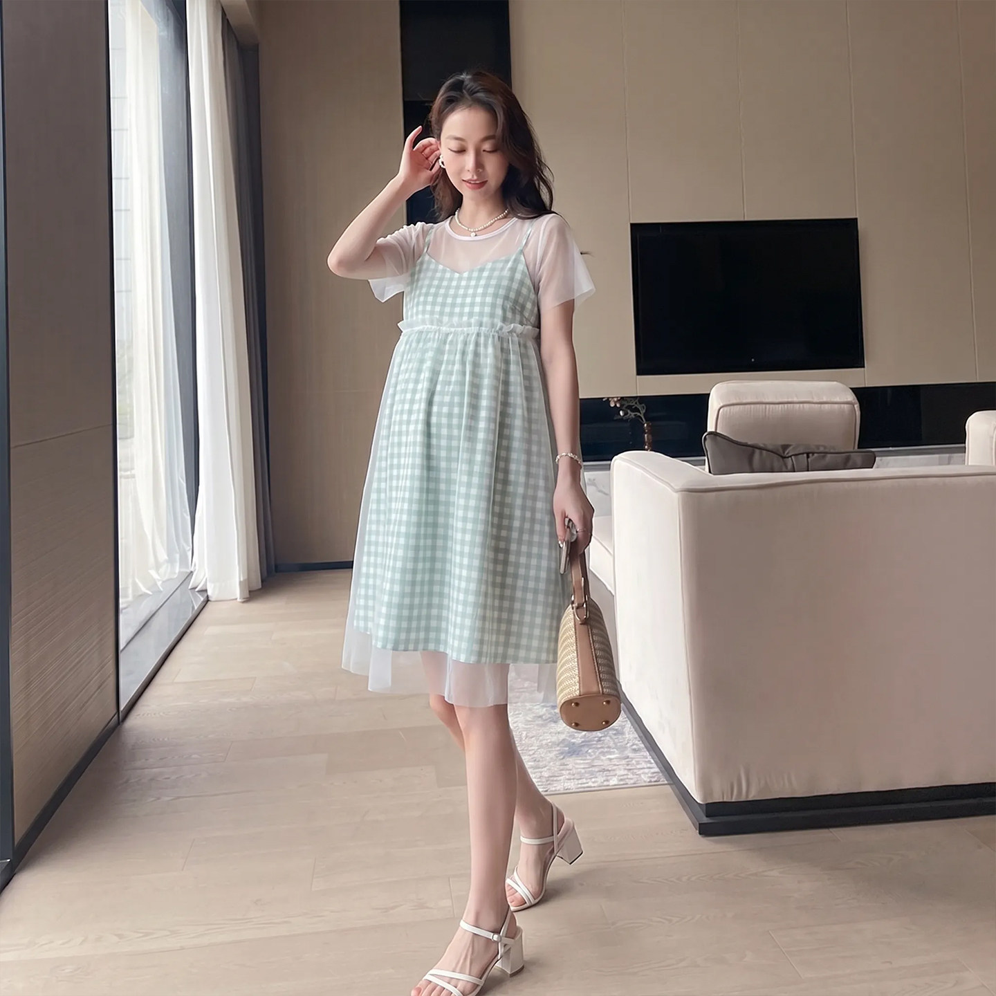 孕妇吊带裙网纱套装夏款时尚仙气