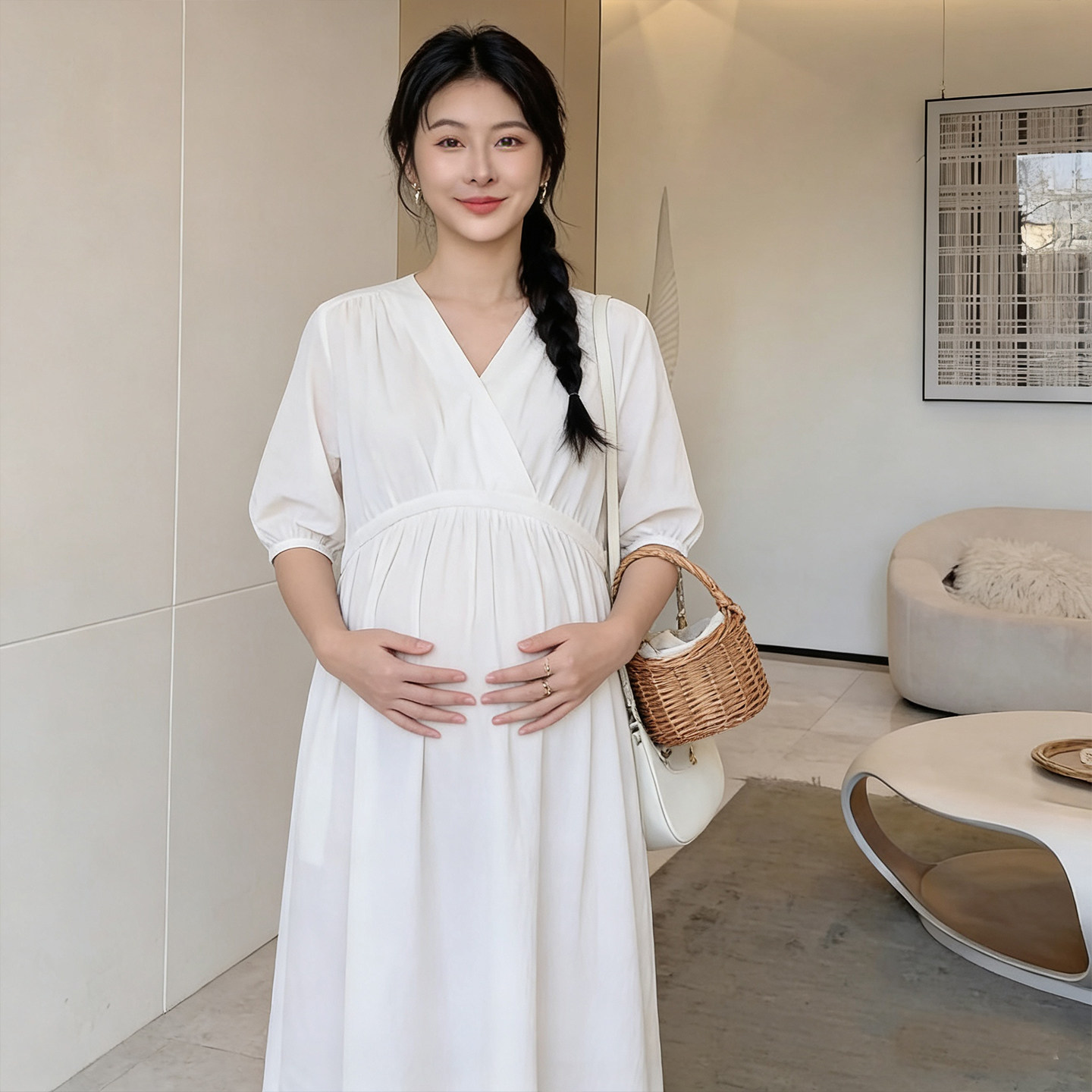 孕妇连衣裙V领交叉中袖春夏新款