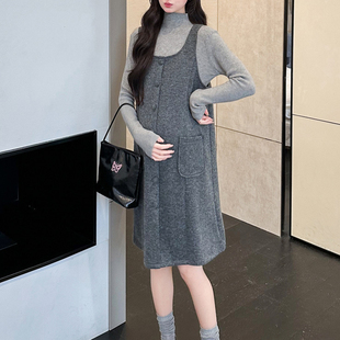 孕妇装背心裙秋冬新款韩版时尚减龄毛呢孕妇背心裙+打底衫两件套