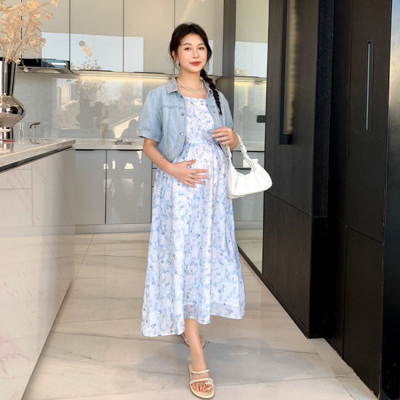 孕妇套装夏季女2025新款牛仔外套碎花吊带裙两件套时尚洋气时髦