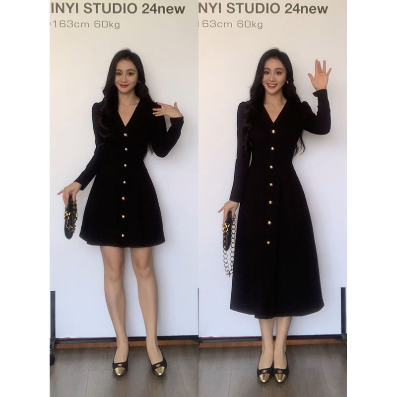 XINYI【高定小黑裙】秋季弹力罗马布连衣裙收腰显瘦内搭打底裙