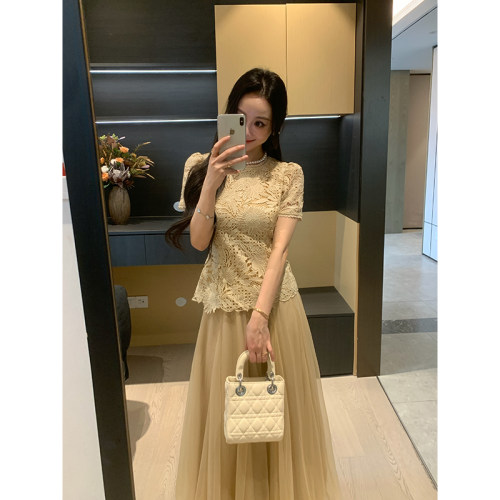 XINYI【晴日漫野】夏季水溶蕾丝刺绣小衫+高腰网纱半裙显瘦套装女