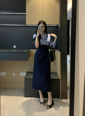 XINYI【蓝调美学】春季条纹衬衫+高腰半身裙显瘦两件套X625A02094