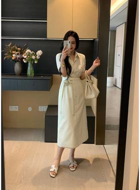 XINYI【半夏时光】夏季棉感条纹连衣裙女收腰显瘦气质X625Q07226