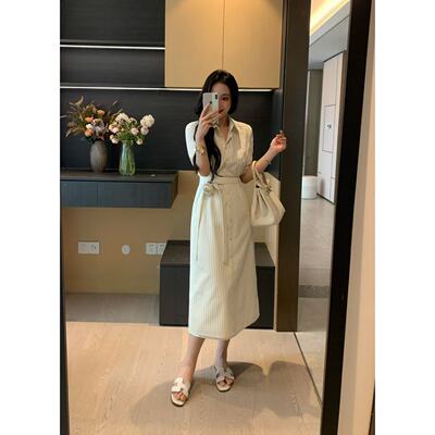 XINYI【半夏时光】夏季棉感条纹连衣裙女收腰显瘦气质X625Q07226