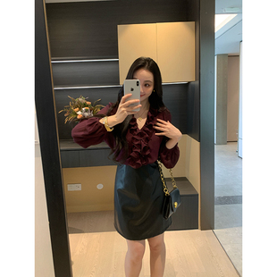 女长袖 XINYI 木耳边正肩衬衫 秋季 宽松显瘦百搭衬衣 紫鸢风信