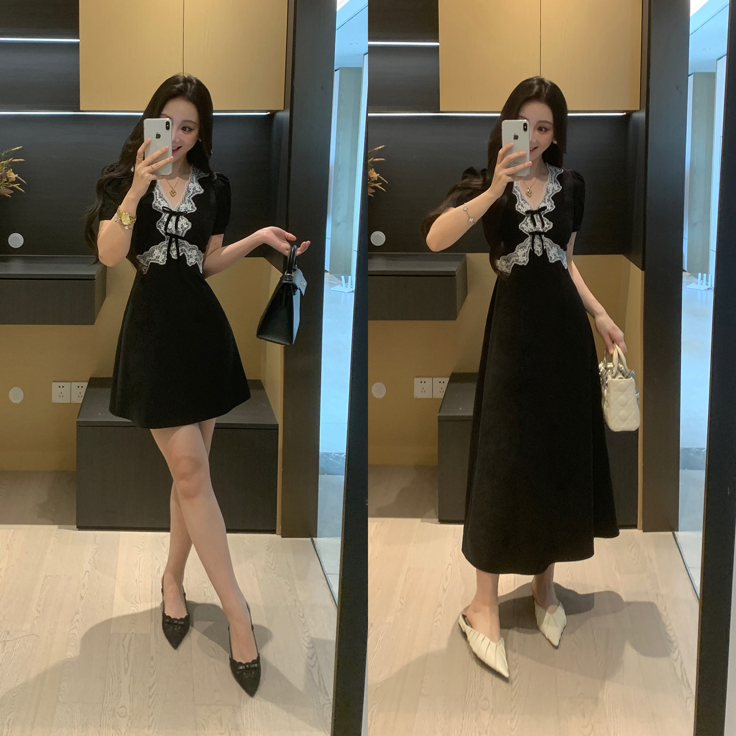 XINYI[夜宴缪斯]蕾丝拼接连衣裙女2026新款夏微胖mm收腰显瘦裙子