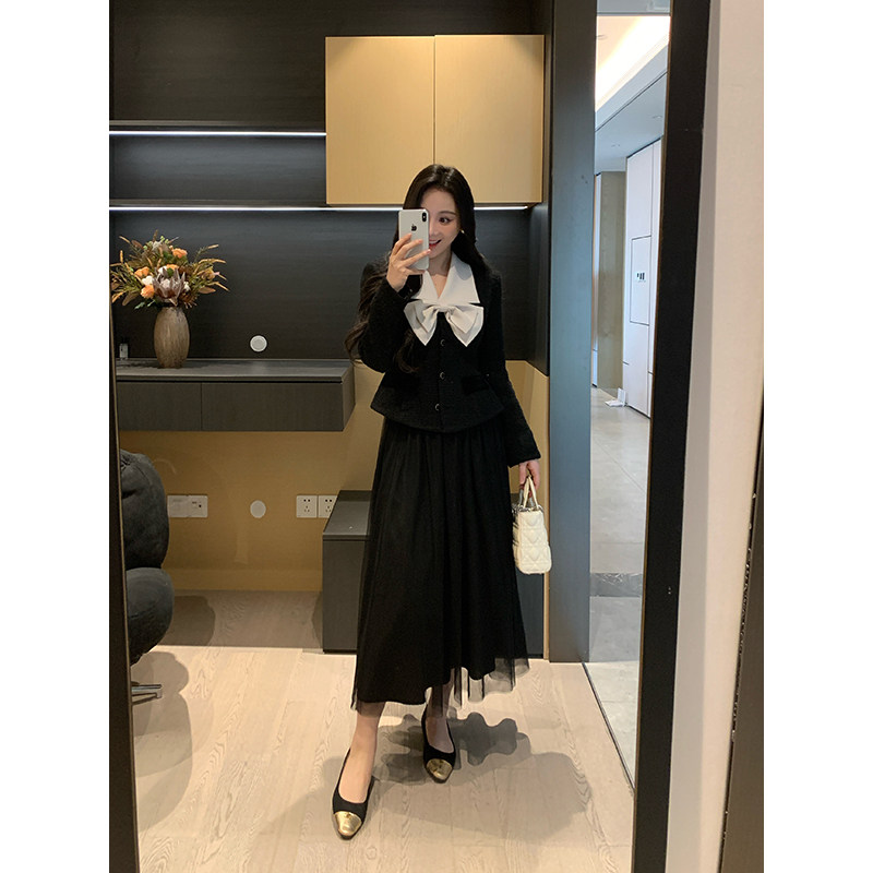 XINYI【古堡千金】冬季蝴蝶结撞色羊毛外套+高腰半身裙显瘦套装女,女装/女士精品,时尚套装,淘宝优惠券,粉丝福利购,淘宝优惠卷