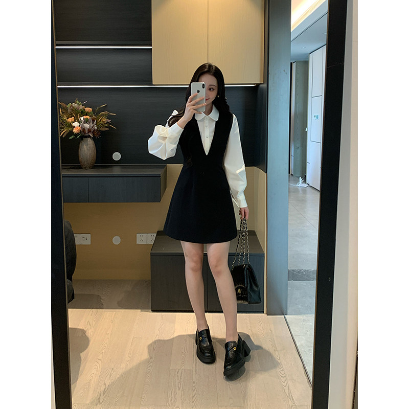 XINYI【韩系博主】秋季衬衫拼接娃娃领假两件连衣裙显瘦气质裙