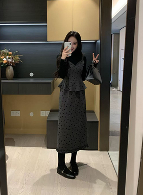 XINYI【心动情书】冬季立体植绒假两件吊带毛呢连衣裙显瘦气质裙