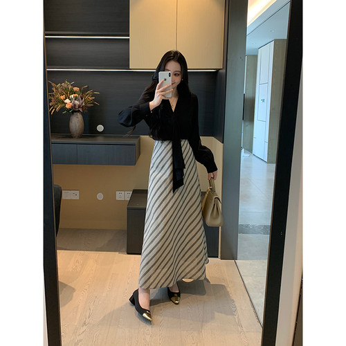 XINYI【高智美学】秋季飘带衬衫+斜纹西装半身裙显瘦气质套装女
