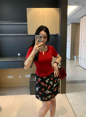 XINYI【暗夜玫瑰】夏季针织T恤+半裙套装女X625Y04422/X625G04423