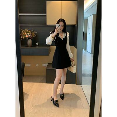 XINYI【玉兰花】秋季木耳边拼接西装连衣裙女长袖收腰显瘦气质裙