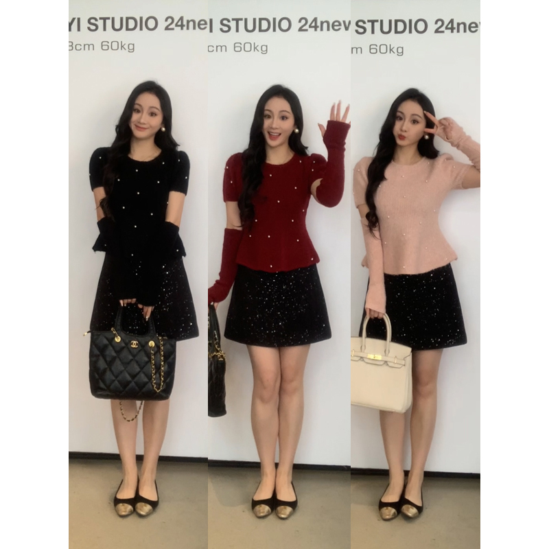 XINYI【元旦前奏】秋冬珍珠红色毛衣女显瘦百搭含袖套X624X21466