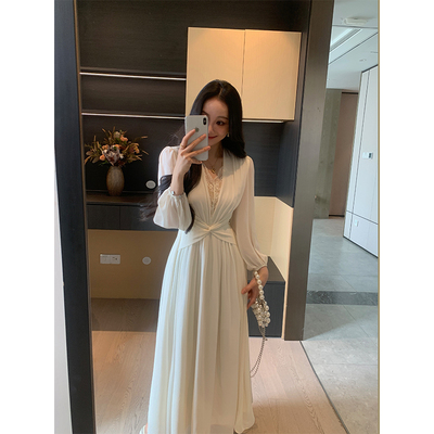 XINYI【梦影层叠】春季蕾丝拼接珍珠雪纺连衣裙收腰显瘦气质裙