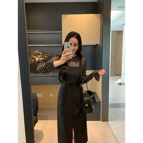 XINYI【复古波尔卡】秋季波点印花T恤+背带半身裙显瘦气质套装女