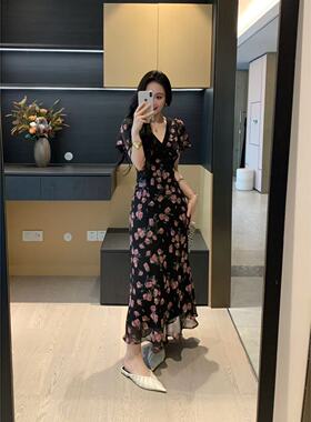 XINYI【暗夜玫瑰】夏季雪纺印花V领连衣裙收腰显瘦气质X625Q09957