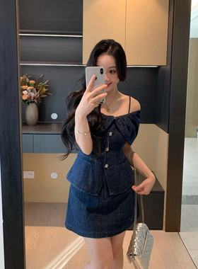 XINYI【维港日落】夏季全棉牛仔吊带上衣+短半裙套装女X625A10458