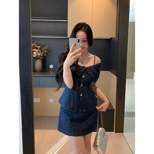 全棉牛仔吊带上衣 XINYI 维港日落 夏季 女X625A10458 短半裙套装