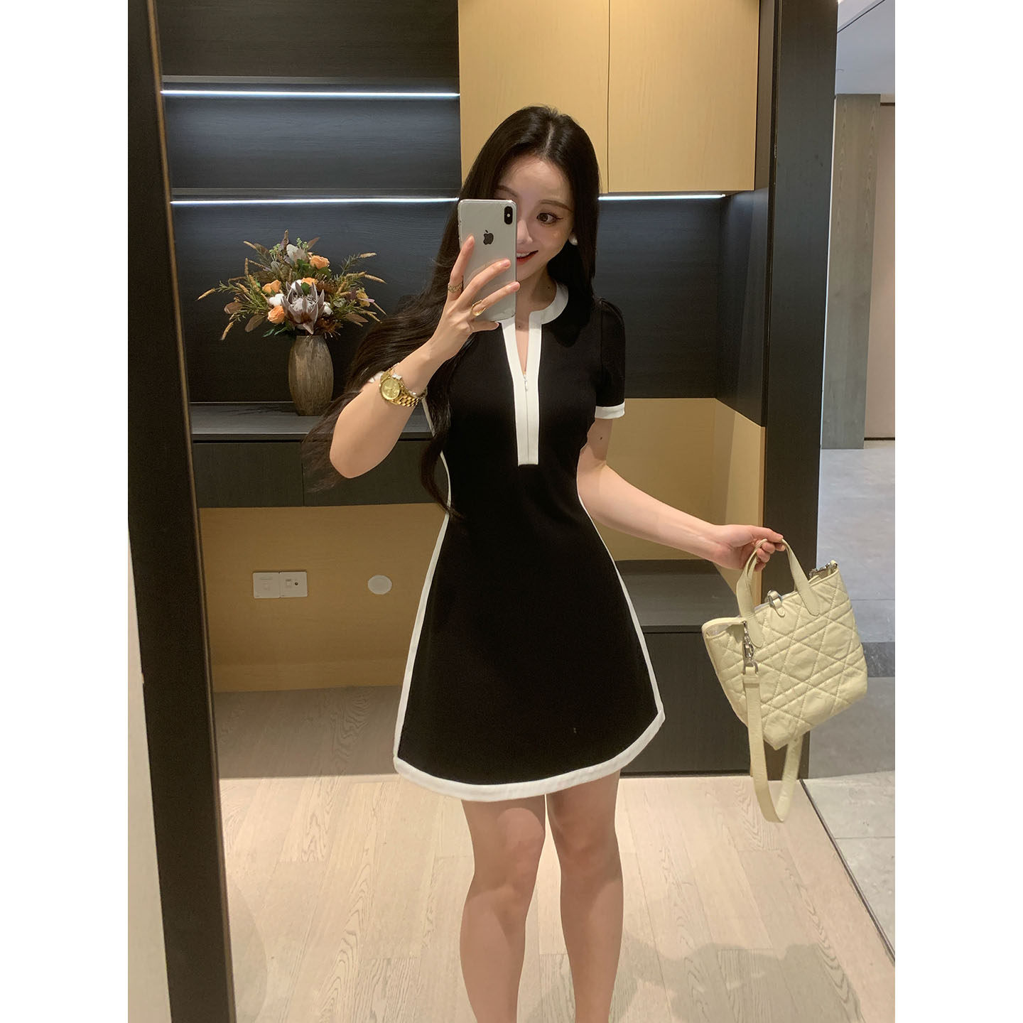 XINYI【黑白流年】夏季撞色拼接连衣裙收腰显瘦气质X626Q05026