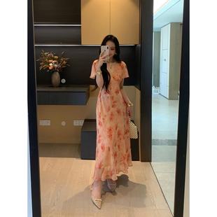 XINYI V领雪纺印花连衣裙收腰显瘦裙X625Q11354 艺术系学姐 夏季