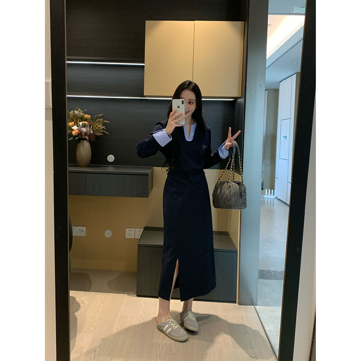 XINYI【耶鲁蓝调】秋冬空气层针织上衣+高腰长半裙显瘦气质套装女
