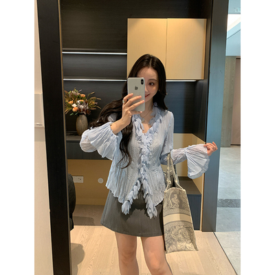 XINYI【雾里看花】秋季喇叭袖花瓣边雪纺衬衫女长袖显瘦百搭上衣