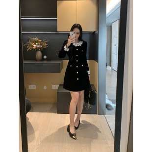 XINYI 秋冬水溶蕾丝拼接丝绒连衣裙收腰显瘦气质 贝多芬乐章