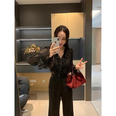 XINYI【慵懒肌理】春季植绒波点荷叶边雪纺衬衫女显瘦喇叭袖衬衣