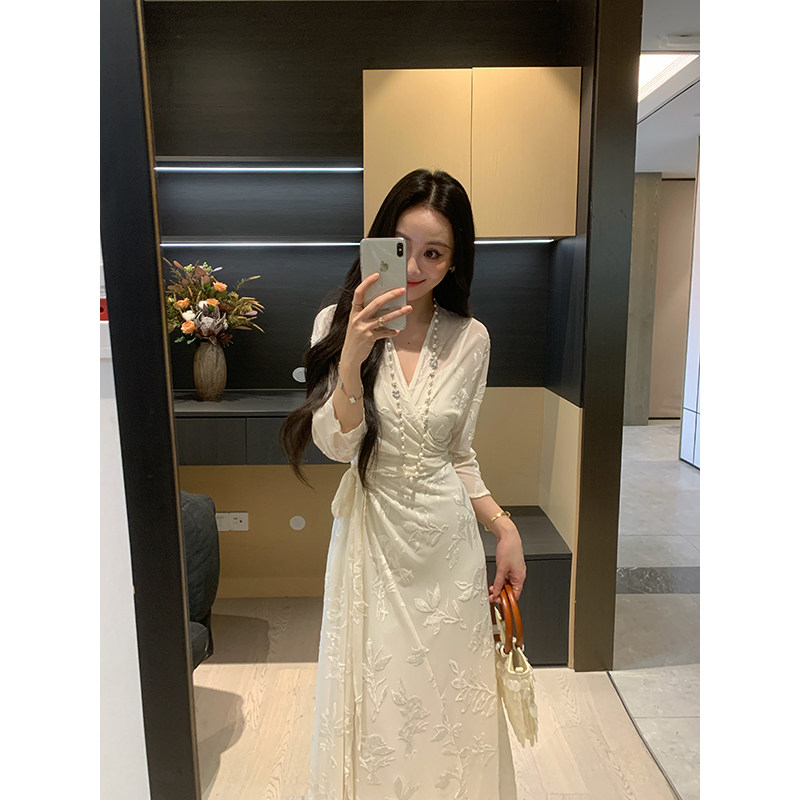 XINYI[云烟梦境]收腰显瘦米白色连衣裙女夏季微胖mm收腰显瘦裙子