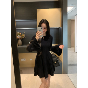 XINYI 冬季 弹力内搭针织连衣裙女收腰显瘦气质喇叭袖 瘦瘦裙