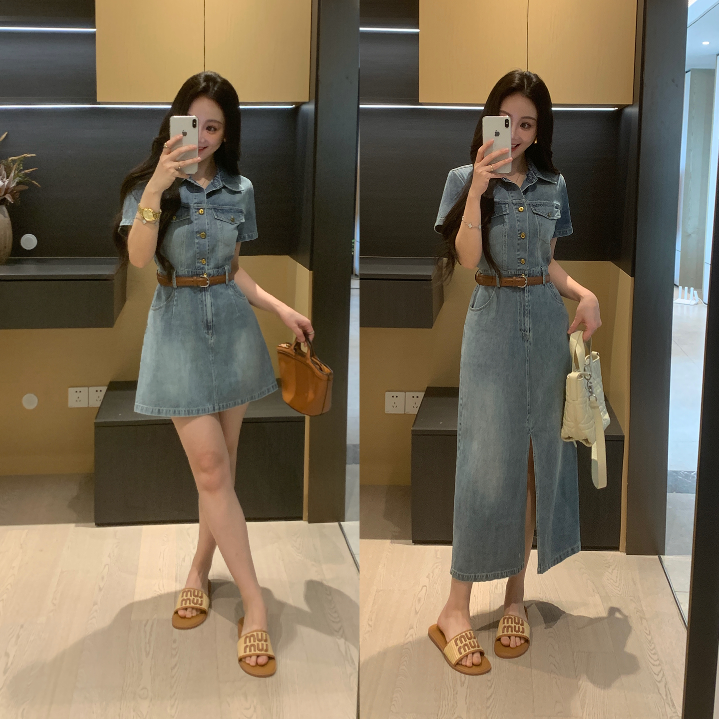 XINYI【悉尼海岸】夏季100%棉磨白水洗牛仔连衣裙收腰显瘦气质裙
