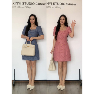 XINYI【金粉世家】夏季剪花圆领连衣裙收腰显瘦气质裙X624Q08675