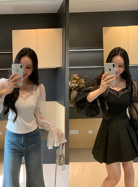 XINYI【私服限定】春季刺绣蕾丝小衫女显瘦长袖上衣X626E00438