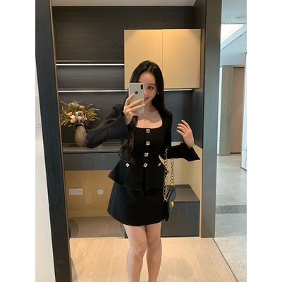 XINYI【鲁尔小姐】秋季弹力罗马布假两件连衣裙收腰显瘦气质裙