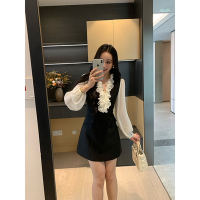 XINYI【显瘦密码】春秋V领西装背心连衣裙女收腰显瘦气质直筒裙