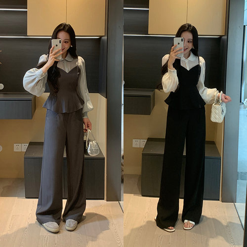 XINYI【莱茵河畔】春季娃娃领天丝衬衫+吊带连体裤显瘦气质套装女