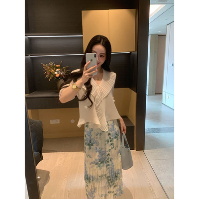 印花高腰连衣裙套装女夏微胖mm