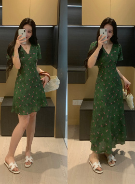 XINYI【深野樱落】绿色碎花连衣裙女夏微胖mm收腰显瘦气质裙子