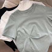 XINYI T恤女显瘦百搭上衣X624Y06032 圆领正肩短袖 打褶T 夏季