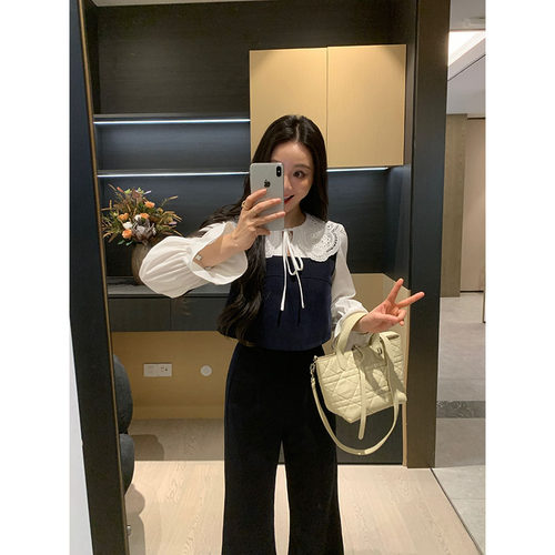XINYI【韩女速成】春季娃娃领衬衫+背心+半身裙显瘦气质三件套女