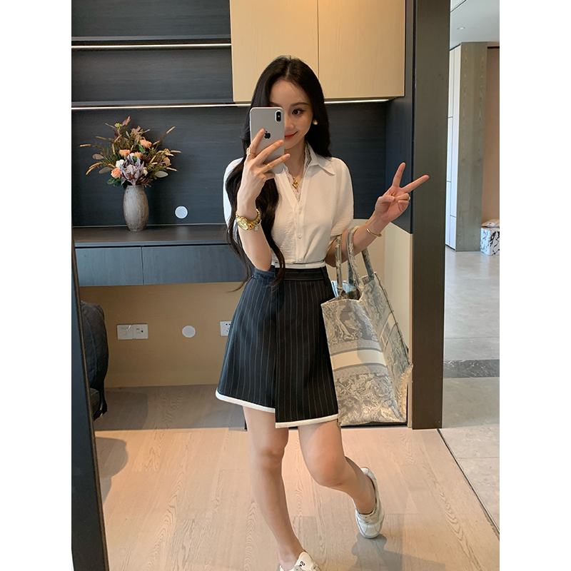 XINYI【智性松弛】夏季蕾丝拼接衬衫+条纹半身裙套装女X625A06554