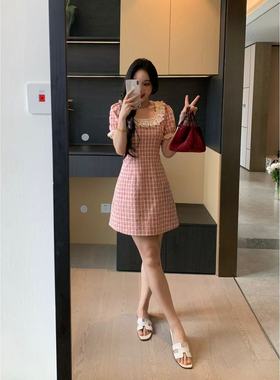 XINYI【甜心桃桃】夏季方领爱心格纹连衣裙收腰显瘦裙X625Q07690