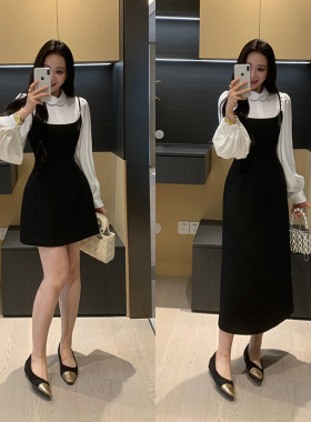 XINYI【A4腰】春季娃娃领缎面衬衫+西装吊带连衣裙显瘦气质套装女