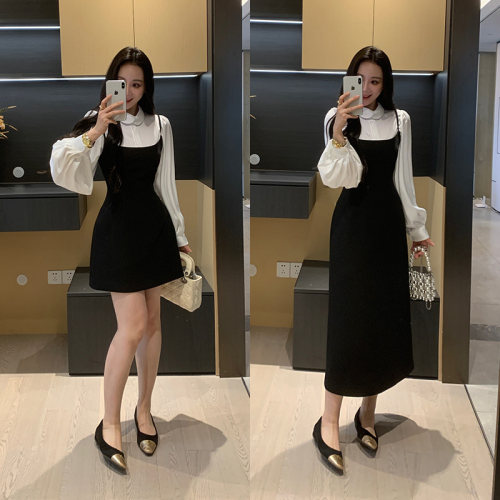 XINYI【A4腰】春季娃娃领缎面衬衫+西装吊带连衣裙显瘦气质套装女