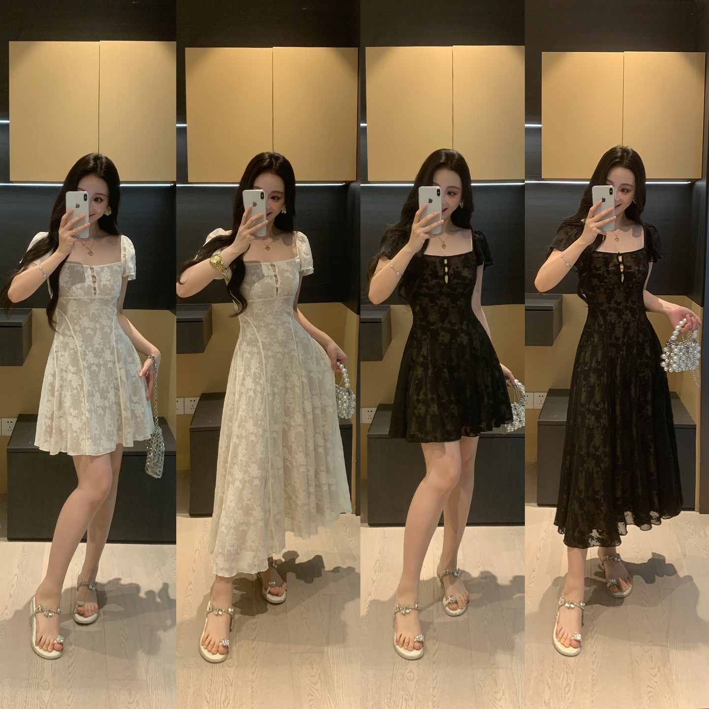 XINYI[春日佳人] 收腰显瘦蕾丝方领连衣裙女夏法式微胖mm大码裙子