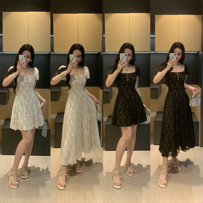 XINYI[春日佳人] 收腰显瘦蕾丝方领连衣裙女夏法式微胖mm大码裙子