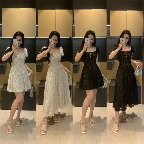 XINYI[春日佳人] 收腰显瘦蕾丝方领连衣裙女夏法式微胖mm大码裙子