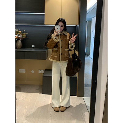 XINYI【miu系摩卡】冬季刺绣皮毛一体麂皮绒毛毛外套女X625X19814